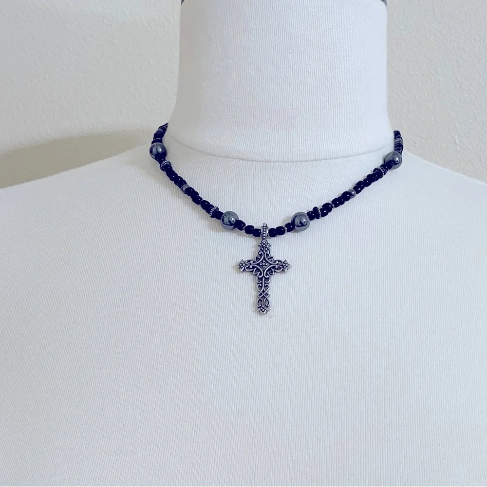 ARTISAN Womens Black Semi Precious Beads and Filigree Cross Pendant Necklace